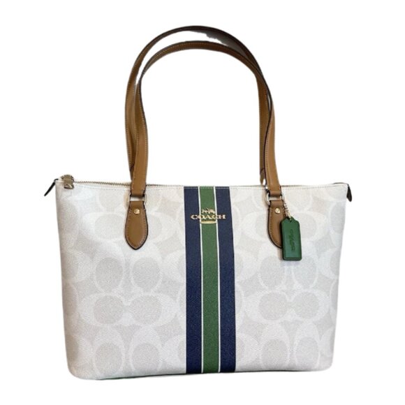 Coach Gallery Tote Bag In Signature Canvas With Stripe Print Chalk - Picture 1 of 5